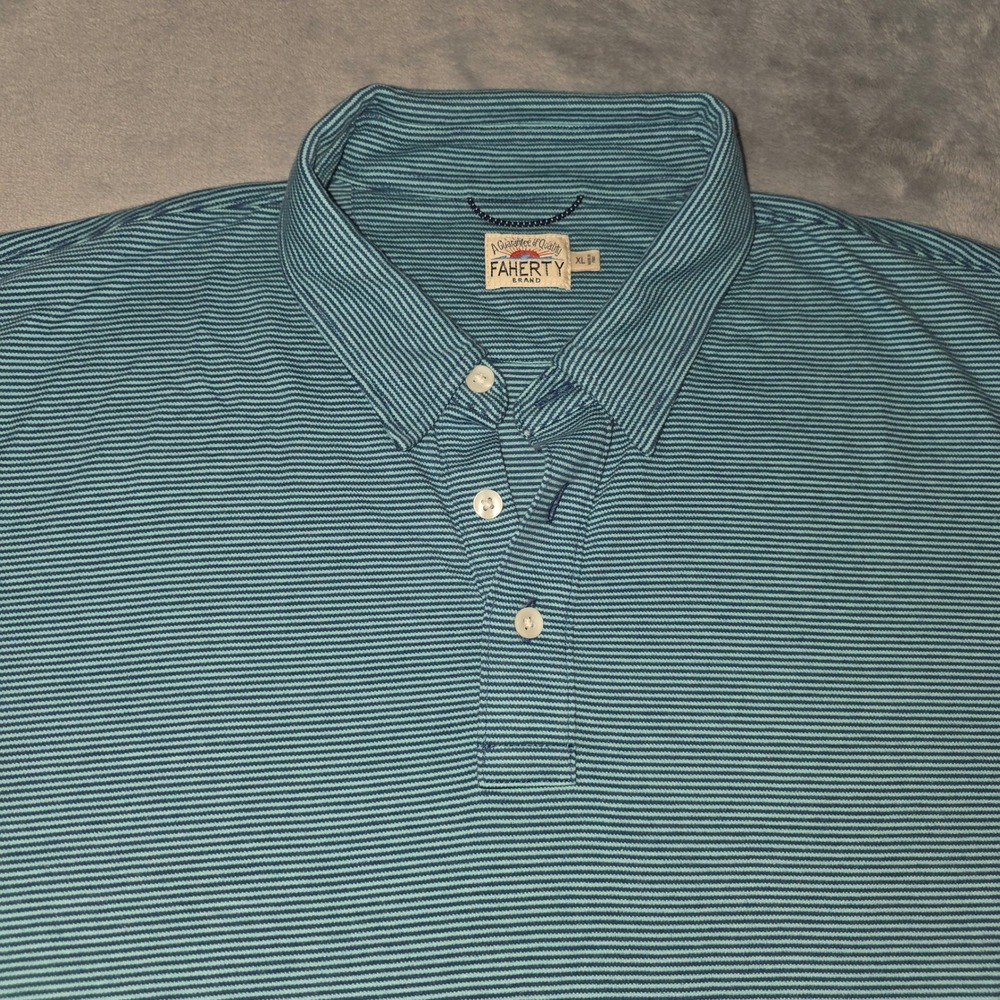Faherty Brand Mens XL Blue Striped Short Sleeve Polo Shirt Coastal Casual